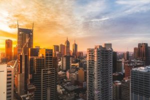 High rise buildings during sunset